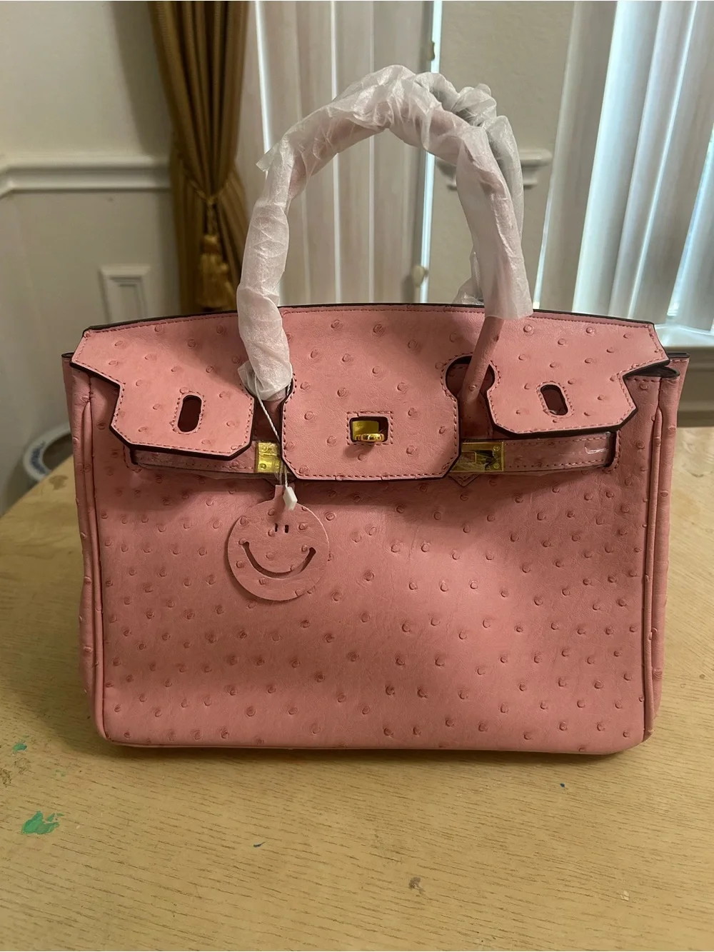 Pink Ostrich-Texture Top-Handle Bag UNBRANDED BIRKIN STYLE